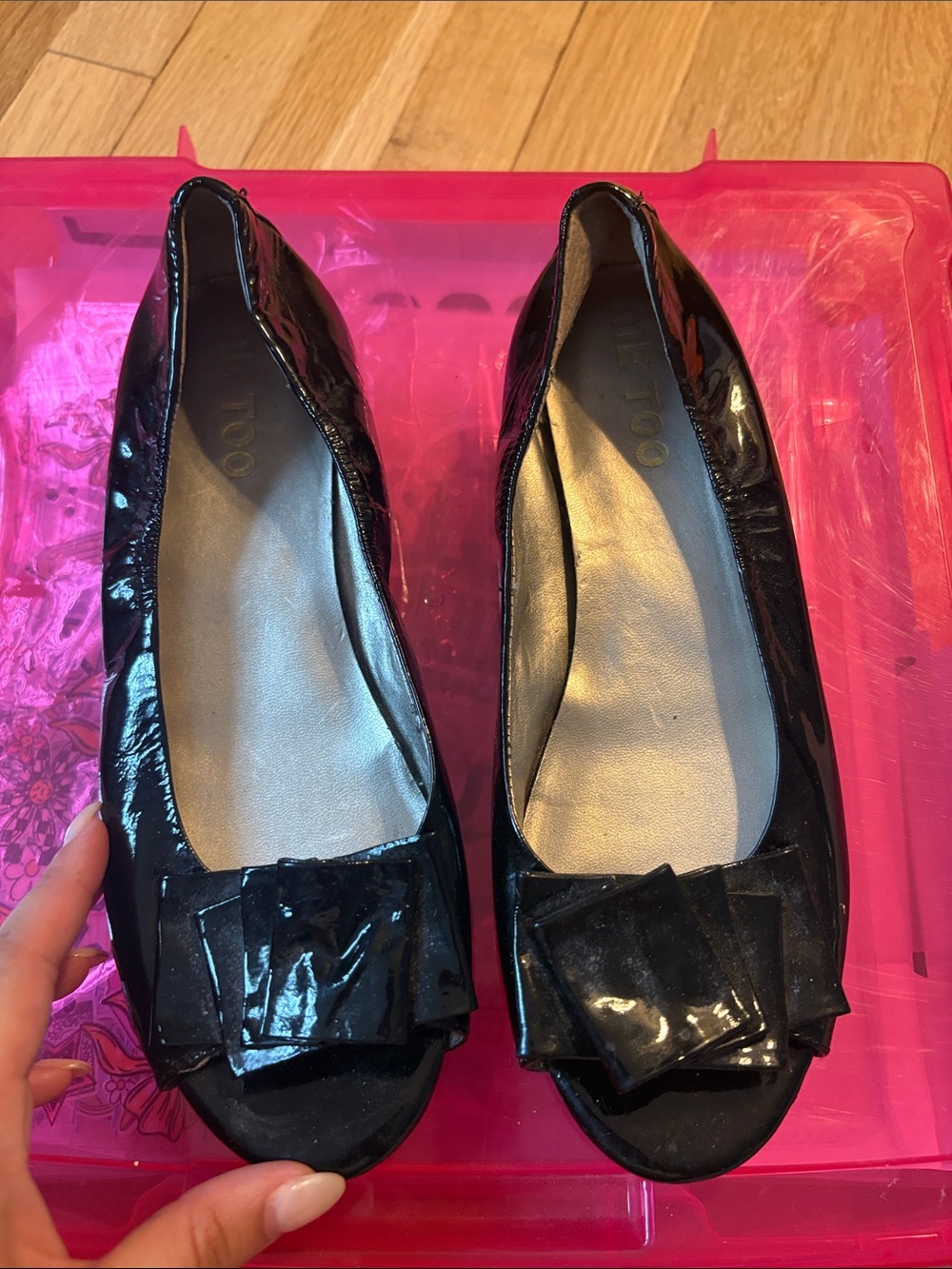 me too Black Patent Bow Peep-Toe Flats